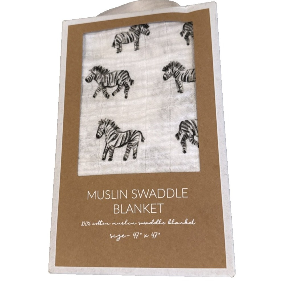 Mud Pie Baby Boy Zebra Animal Print 100% Cotton Muslin Swaddle Blanket 47x47 New